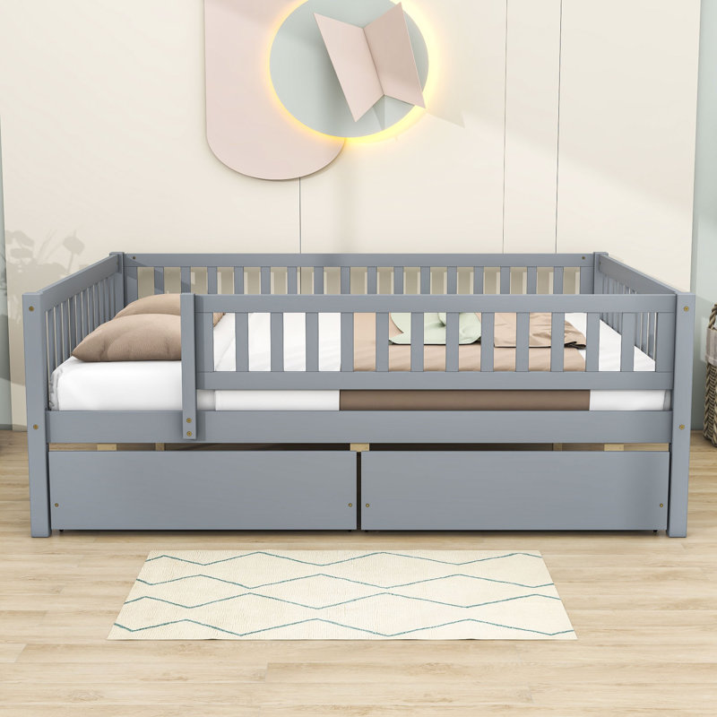 Lit en bois avec deux tiroirs, gris, Double