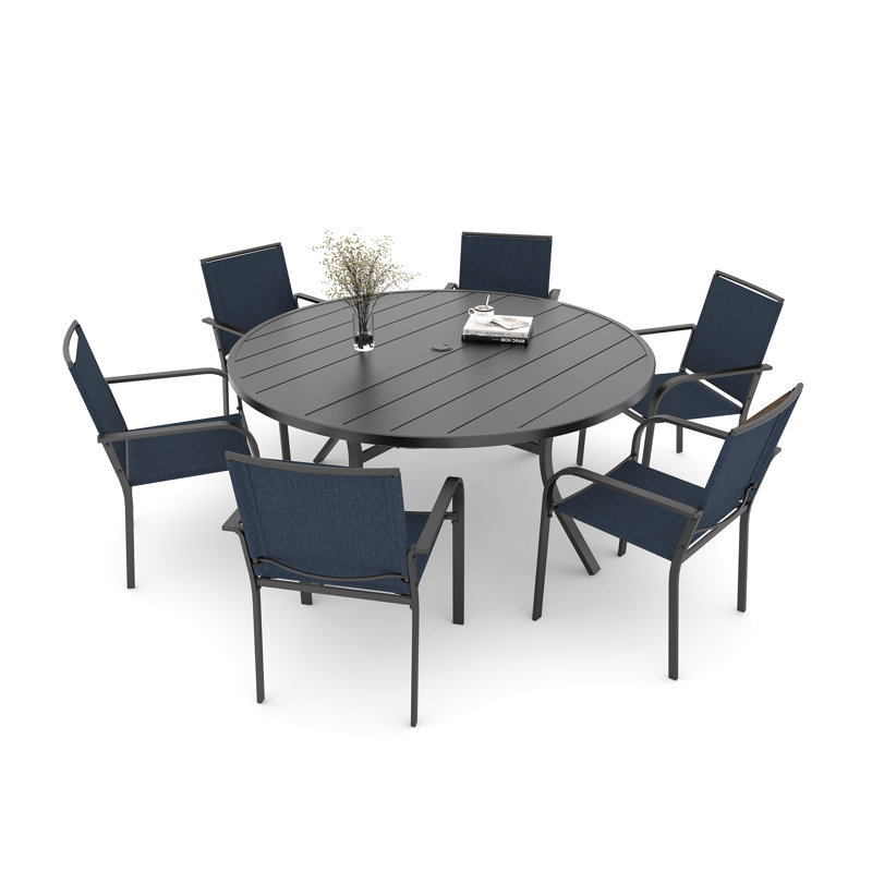 Ensemble repas pour 6 personnes avec table ronde, Noir / Bleu