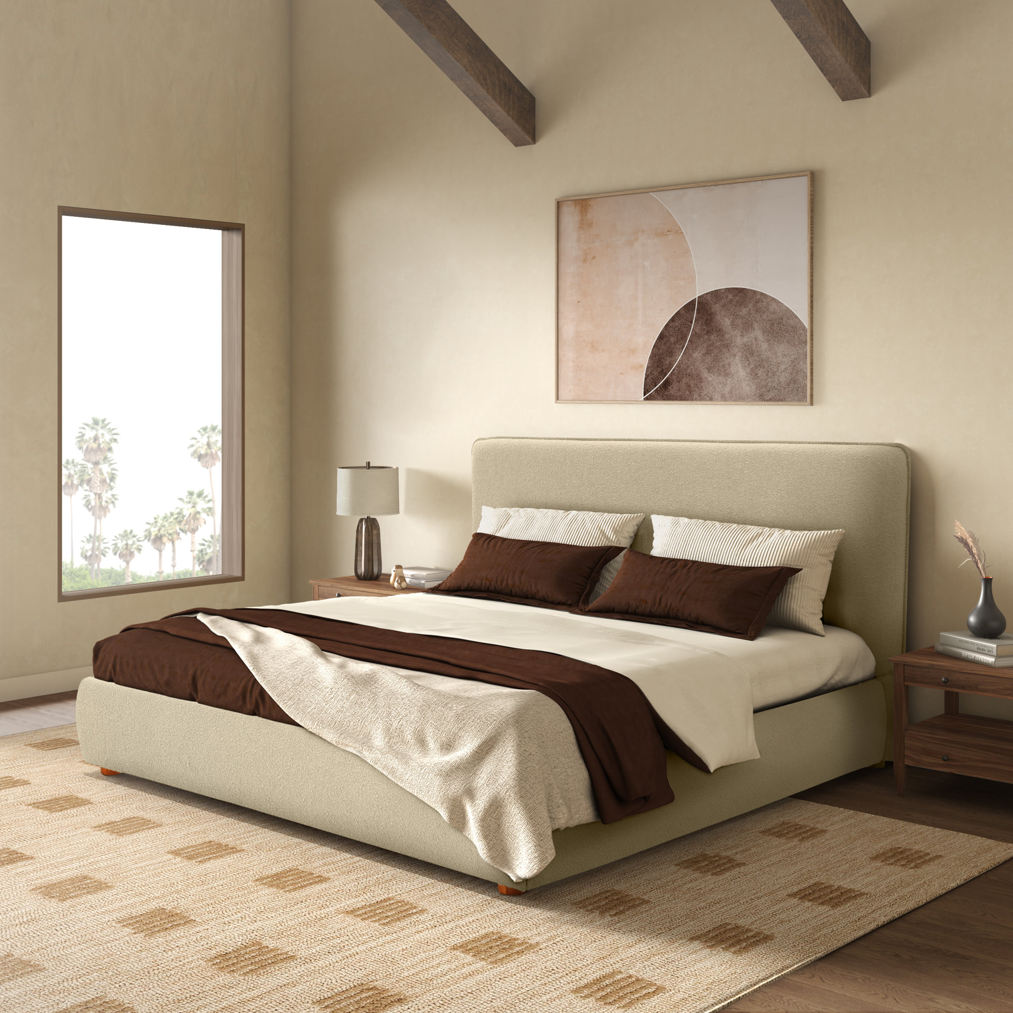 Callahan Upholstered Bed, Twin, Light Beige Boucle