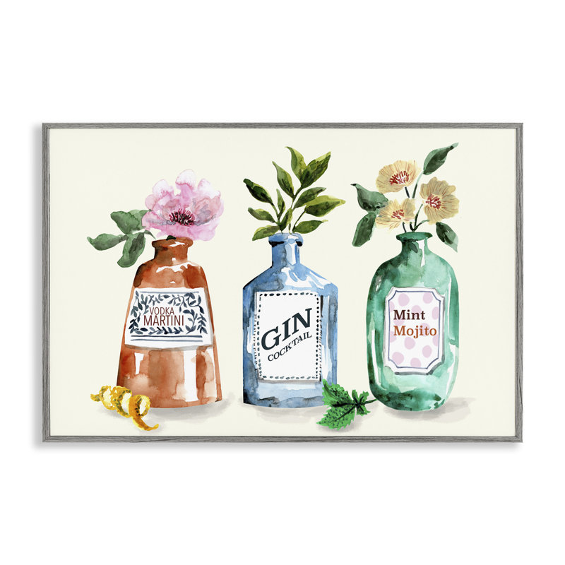  Floral Alcohol Bottles Black Framed Giclee Art by Kate Eldridge, H 16 po x l 24 po, Estampe numérique Farmhouse