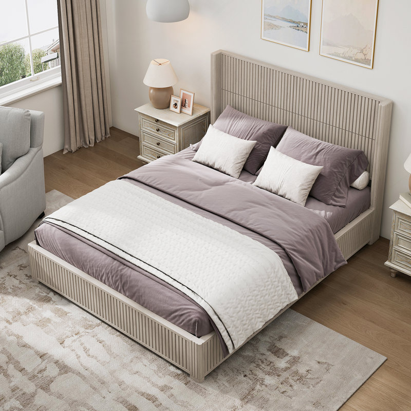 Structure de lit plateforme en bois avec tête de lit, Beige, Grand lit