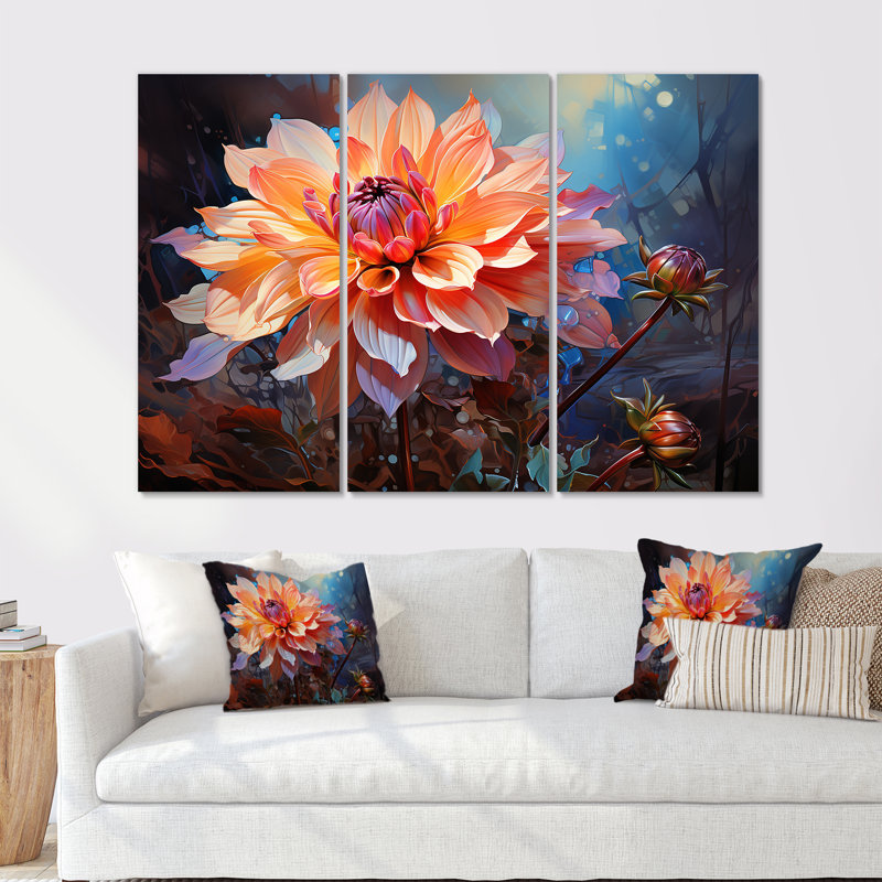 Corail moderne et bleu Dahlia Dreams II - ensemble d'art mural Dahlia, H 32 po x l 48 po x P 1 po