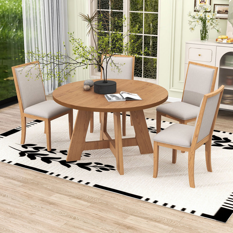 5-Piece Dining Table Set, Wood Extendable Dining Table with Removable Leaf and 4 Upholstered Chairs, Natural