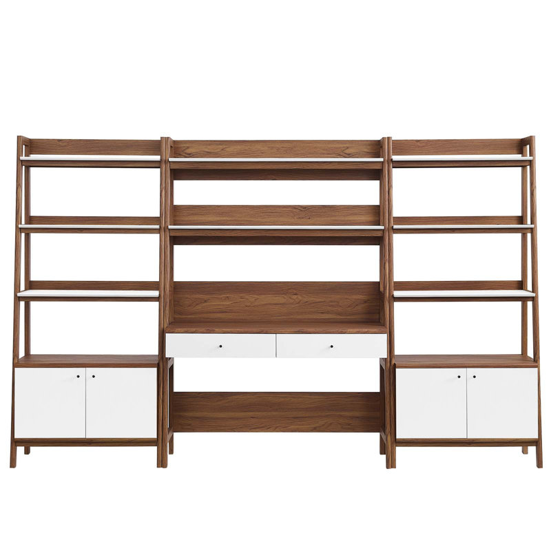 Modway Bixby 3-Piece Wood Office Desk and Bookshelf, Walnut/White