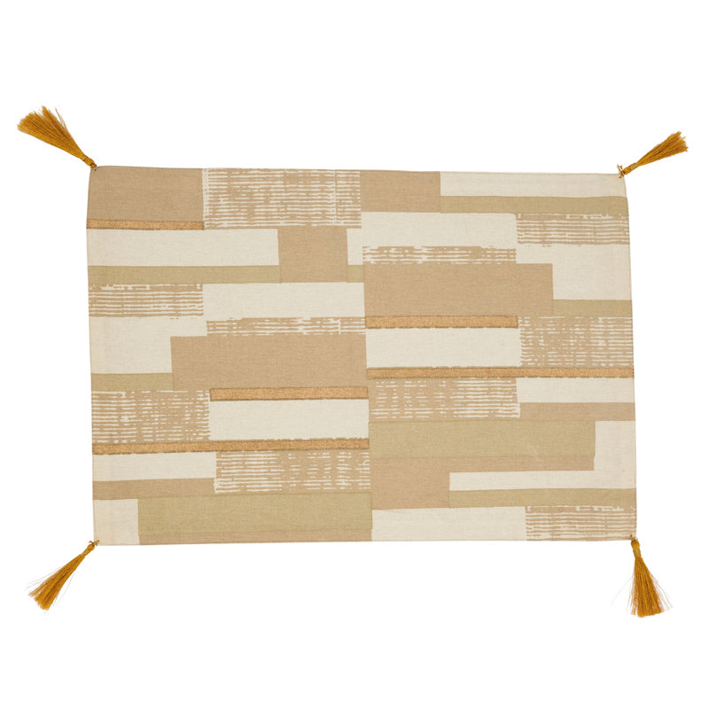 Beige Cotton Geometric Foil Print Placemats with Tassels, Set of 4