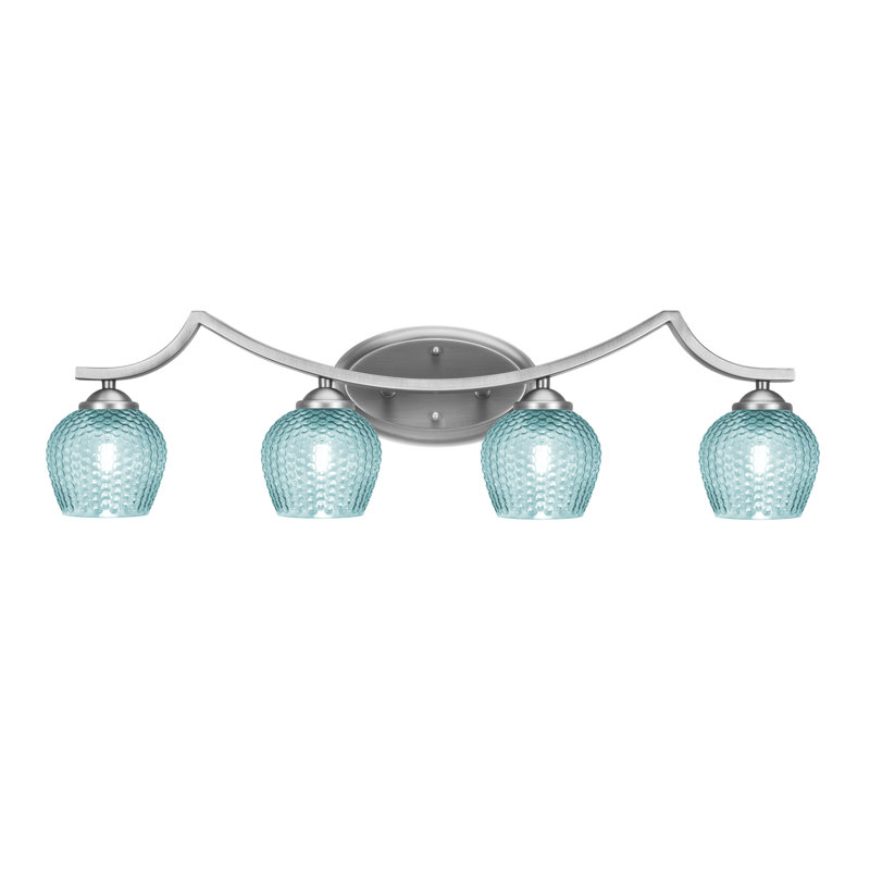 Barre d'éclairage de salle de bain 4 lumières Shutesbury, verre turquoise 6 po, Bleu, Nickel brossé
