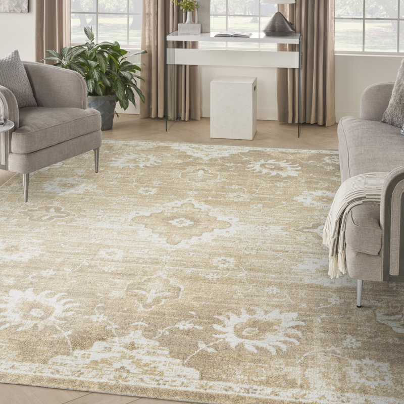 Bungalow Rose Bussie Machine Washable Ivory Gold Vintage Indoor Rug, Rectangle 9' x 12' 