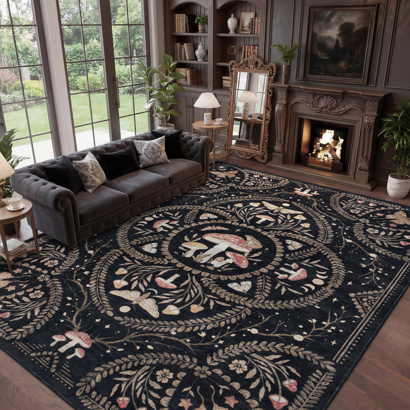 Tapis à poils courts à motif champignon gothique pour salon, chambre et cuisine, Noir brun, 9 x 12 pi