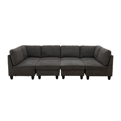 118" Wide 8- Piece Flannel Reversible Modular Living Room Sectional Sofa With Ottomans