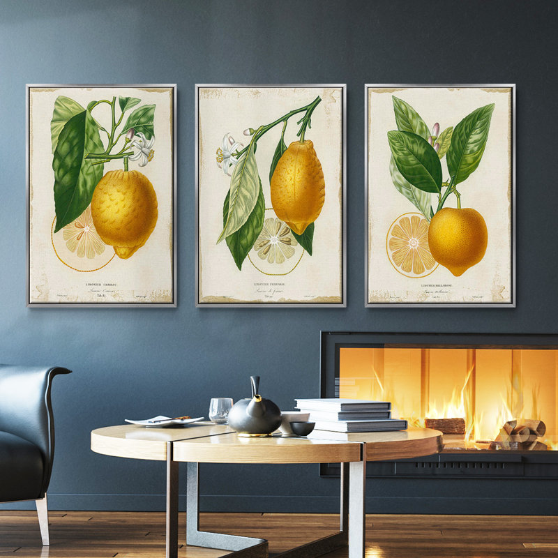Citron français I 3 pièces, H 27 po x l 54 po, Encadrement argenté