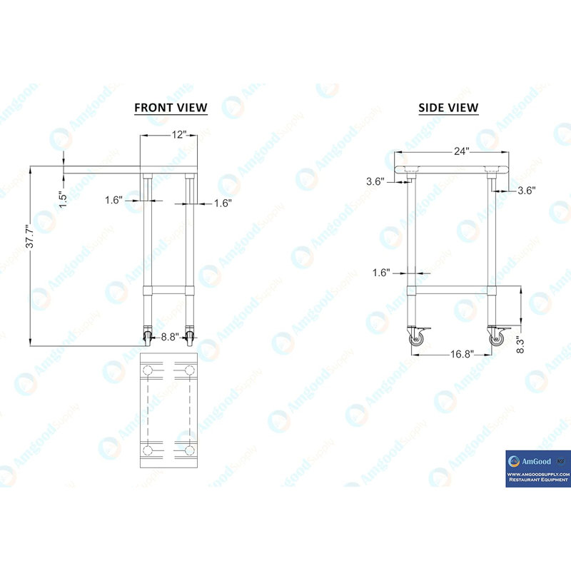 Table en acier inoxydable avec roulettes, H 38 po x L 12 po x l 24 po
