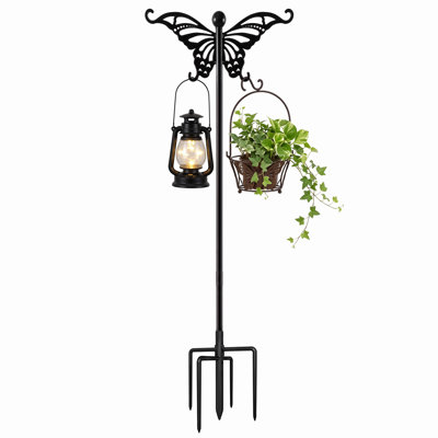 92" Butterfly Garden Shepherd Hook with 5-Prong Base, Detachable Metal Garden Stake Hanging Stand with Dual Hooks for Flower Baskets, Lanterns, Wind Chimes, Bird Feeders and Outdoor Yard Décor, Black
