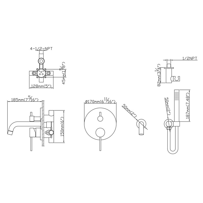 Robinet de baignoire et de douche avec valve brute, Noir mat