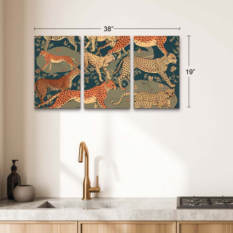 Ensemble de 3 panneaux muraux - Sasha «Cheetahs», art mural sur toile pour le salon, la chambre à coucher ou le bureau 
