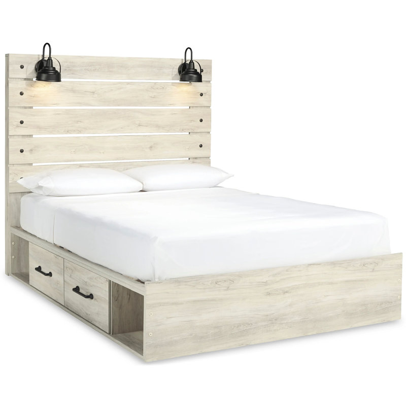 Grand lit à panneau rustique Cemy, 2 appliques et 4 tiroirs, blanc délavé, Grand