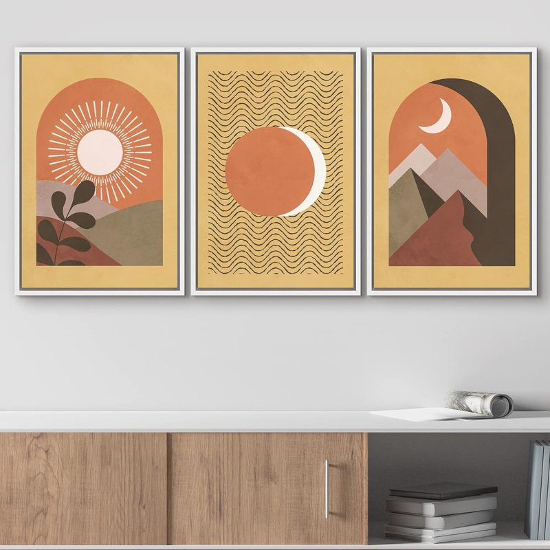 " Boho Mid-Century Crescent Moon Mountain Sun Desert Abstract Illustrations Modern Art Landscape " 3 - Pieces on, Blanc