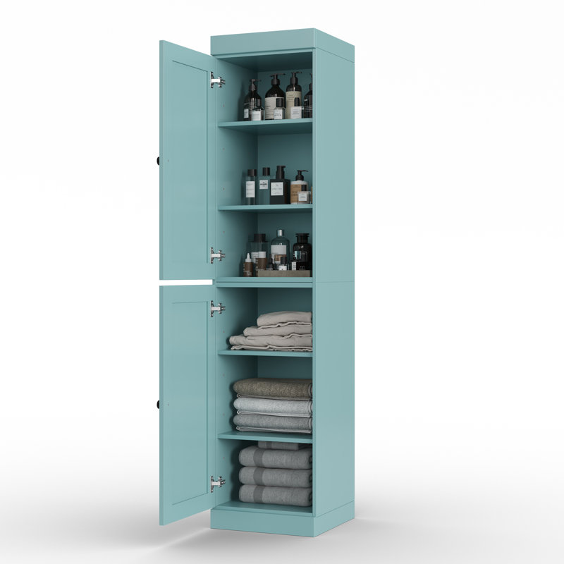 Armoire de rangement 100% bois massif 16,5 po avec portes Shaker et tablettes réglables, Turquoise