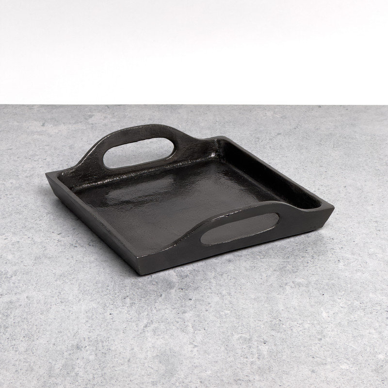 Plateau carré texturé en aluminium avec poignées, Noir, noir, noir, noir