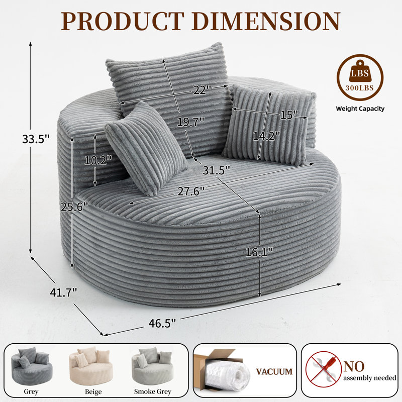 No Assembly Required Corduroy Oval Chaise Lounge, Self-Expanding Sofa with Pillows, Wide Armrest Compact Lounger for Living Room