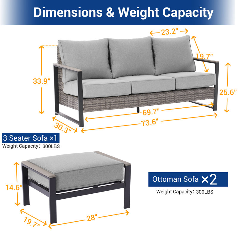 3-Piece Patio Sofa Sets with Ottomans PE Rattan Wicker for Patio and Yard, Leaden Gray
