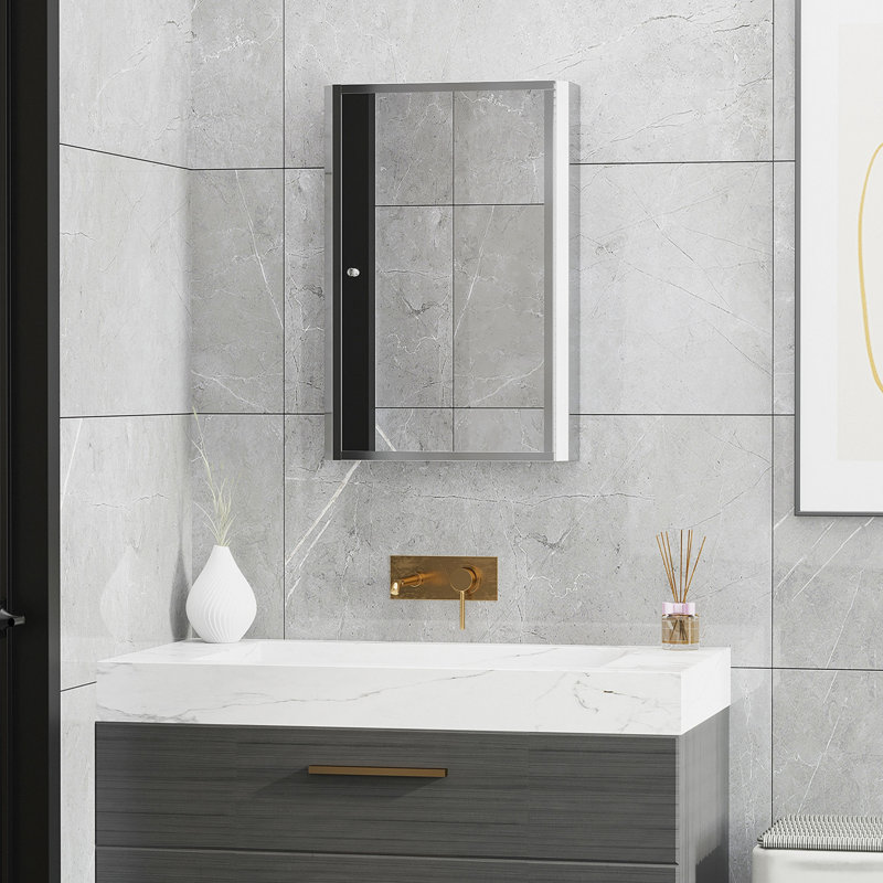 Armoire de salle de bain à miroir, armoire à pharmacie verticale en acier inoxydable de 16 po x 24 po, organisateur de rangement mural avec porte simple?