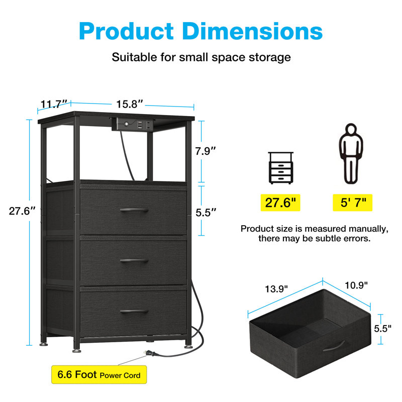 Nightstand With 3 Fabric Drawers,modern Bedside Table With Power Outlets,everyday Side Table With Led Light Strip,end Table With A Large Storage Shelf(2 Set)