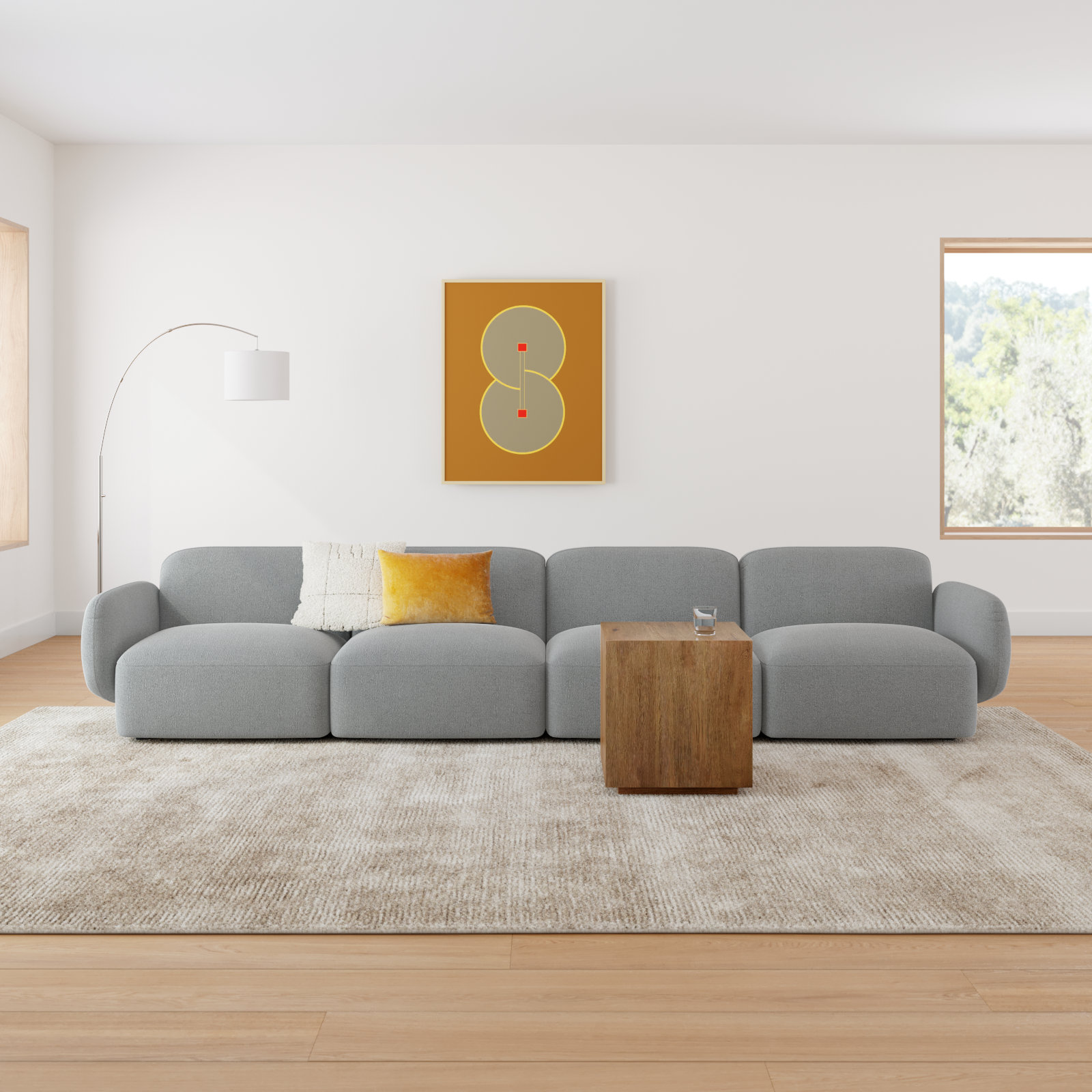 Isles 150'' Upholstered Sofa, Mellow Gray Chenille
