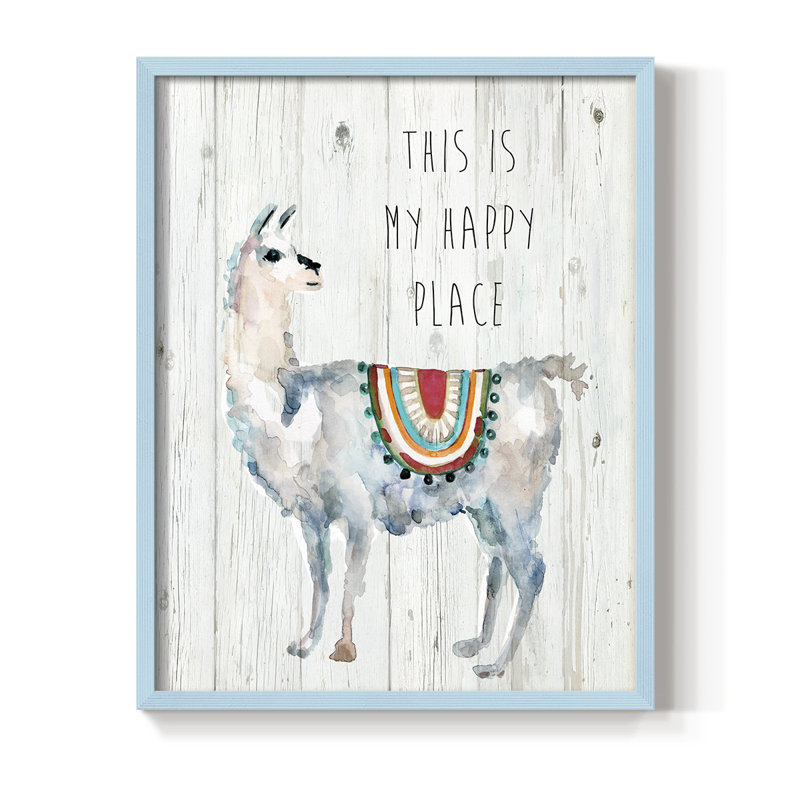 Llama Happy Place, reproduction encadrée - bois massif, Cadre simple bleu, H 10 po x l 8 po