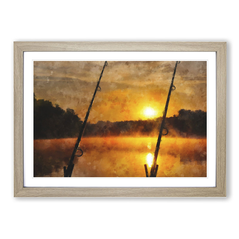 Fishing Rods and Lake - Framed Print, 36cm H x 48cm W x 2cm D, Oak Framed