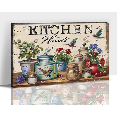 Art rétro sur toile de cuisine rétro, pots de nourriture rétro, fleurs, colibri, peinture, impressions encadrées, affiche, art sur toile pour la cuisine de la salle à manger, décoration murale 12 x 16 à 36 x 48