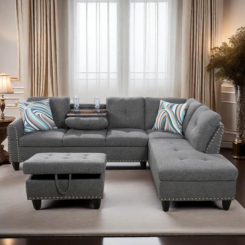 3-piece Linen Sectional Sofa, Brown Gray Linen, Left Hand Facing