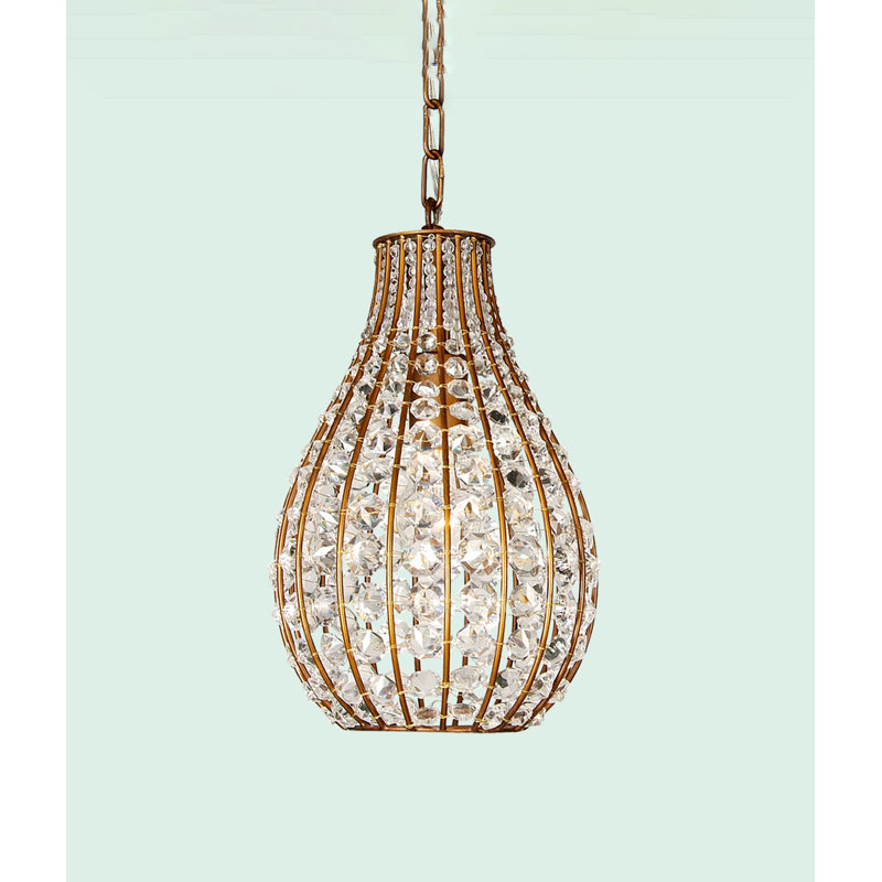 Luminaire suspendu en or 1 lumière avec cristaux transparents