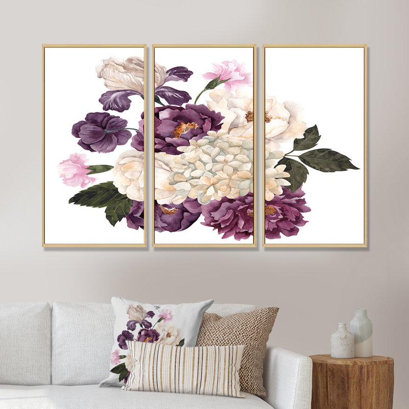 Bouquet rétro avec fleurs et feuilles rétro VI - ensemble d'art mural sur toile encadré traditionnel de 3, Brun