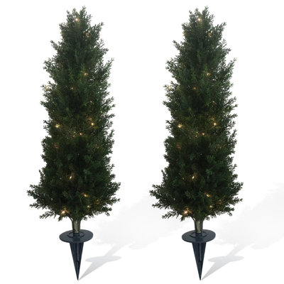 Artificial Pine Trees Set of 2 – Realistic PE Greenery with LED Lights – Weather-Resistant Decorative Topiary for Outdoor Garden, Pathway, Entrance, Home, Office – Includes Stakes – 90CM