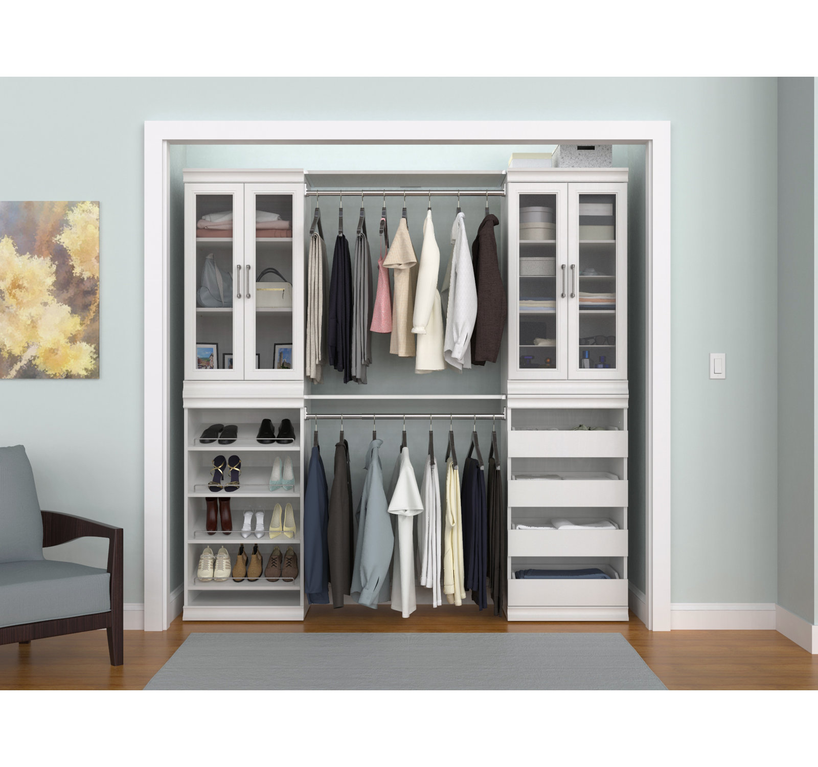 Modular Storage 69" W - 91" W Closet System with Doors, White