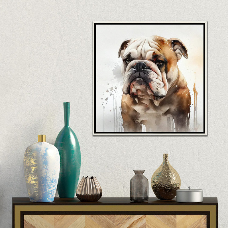 Aquarelle, bouledogue britannique, Toile encadrée flottante blanc vieilli, H 18 po x l 18 po x P 1,5 po