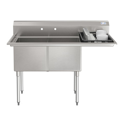 Évier commercial 57 pouces à 2 compartiments de calibre 18 avec dosseret et égouttoir à droite de 18 po, dimensions du bol 18 po x 18 po x 14 po en acier inoxydable (km-SB181814-18R3)