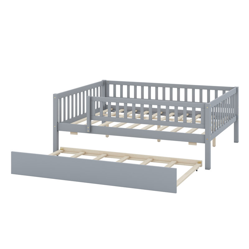 Daybed With Trundle And Fence Guardrails, Grey