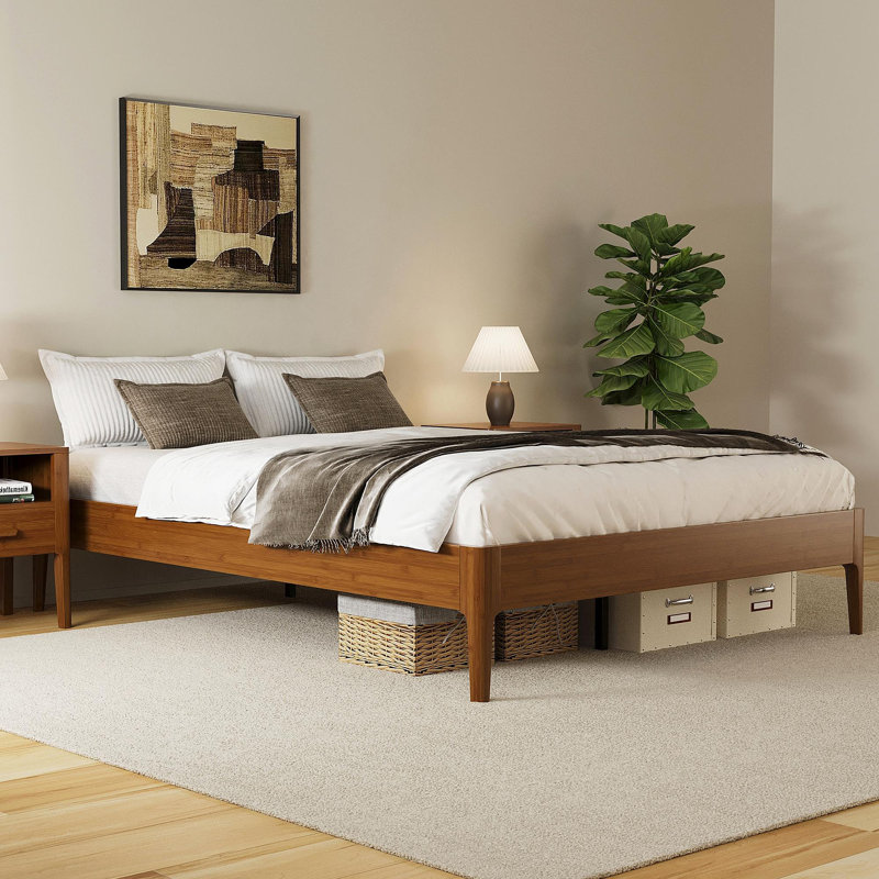 15 Inch High Full Size Solid Dry Bamboo Wood Platform Bed Frame, With Wood Slat Metal Support, Modern & Minimalist Style, No Box Spring Needed, Easy Assembly