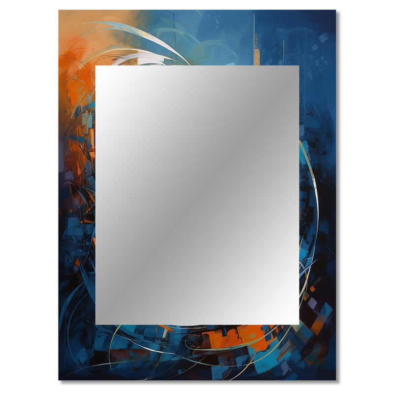 Orange And Blue Geometric Equilibrium IV - Geometric Decorative Wall Mirror, Blue Mirror, Printed Metal Art, 40" x 30"