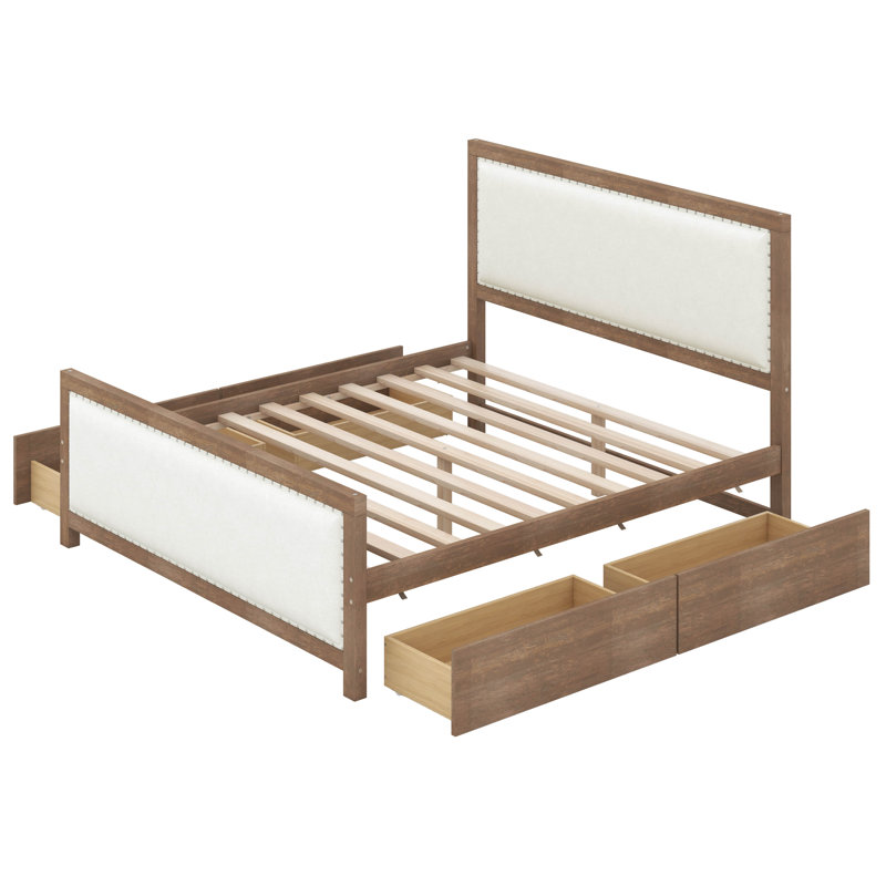 Lit plateforme tapissier Ansis avec structure en bois et 4 tiroirs, Complète
