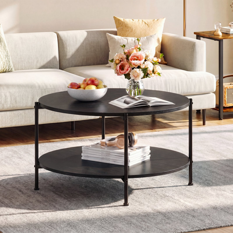 Wynny Round Wood Coffee Table with Storage, Coffee Table for Living Room , Charcoal Black