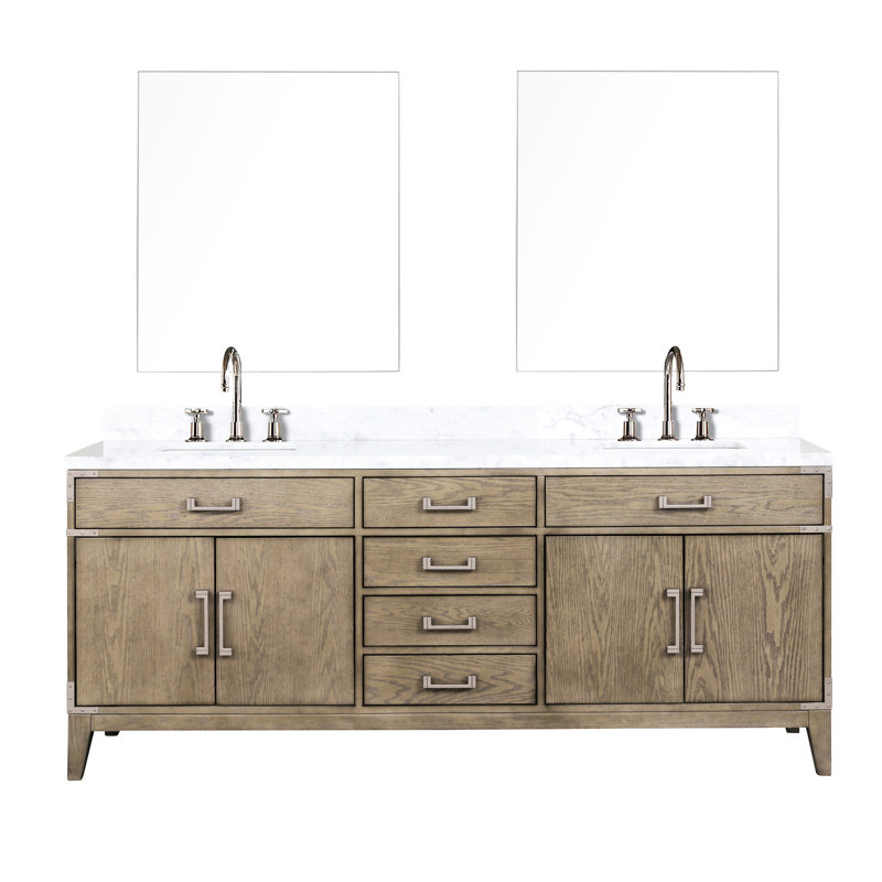 Meuble-lavabo double en chêne gris 80 po X P 22 po, plateau en marbre, robinet inclus, largeur de 36 miroirs