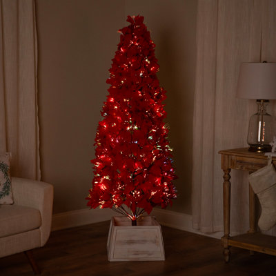 Arbre de Noël pré-éclairé à fibre optique rouge changeant de couleur poinsettia - 6 pi