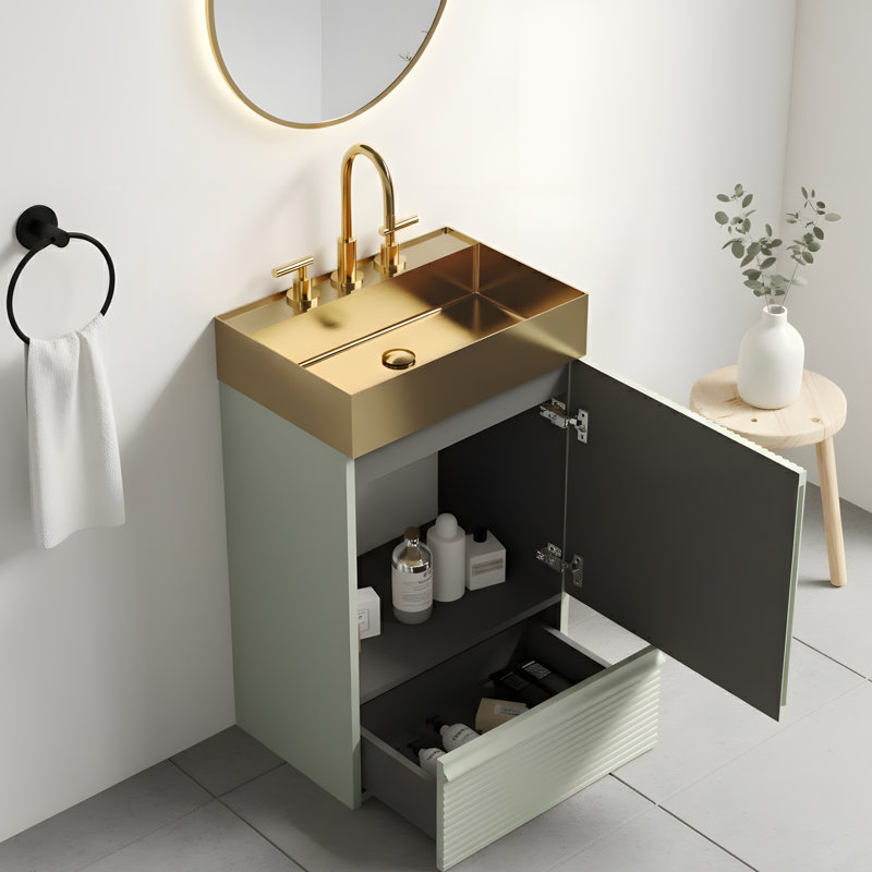 Meuble-lavabo autoportant en métal doré, Vert clair, Doré