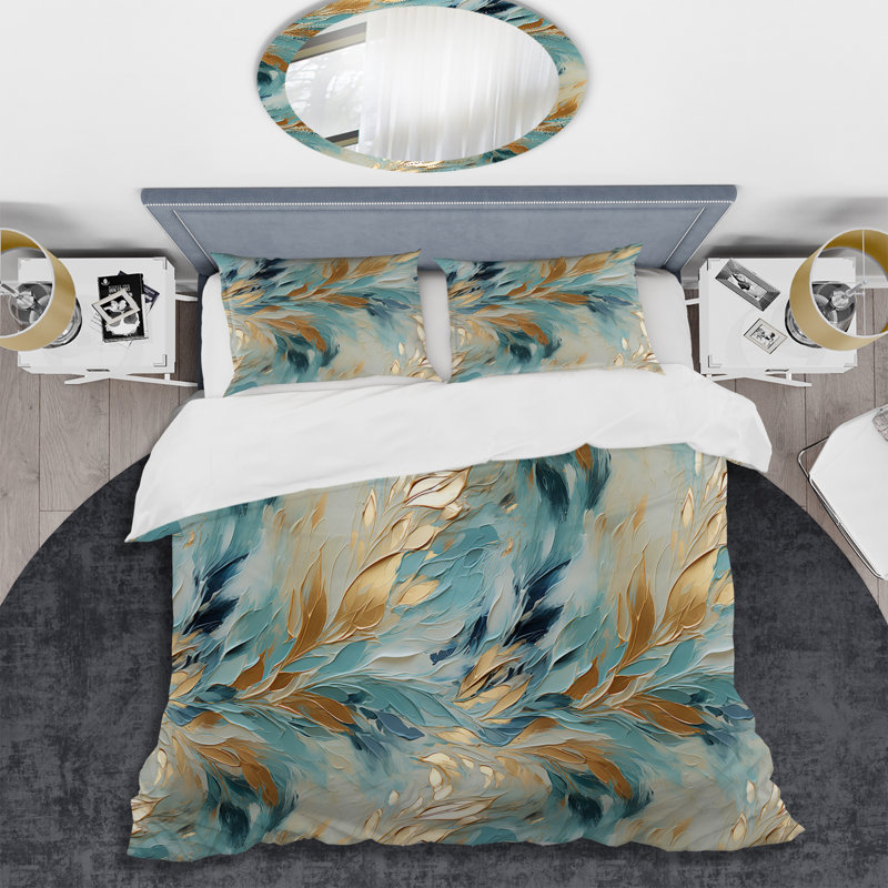 Ensemble de housse de couette abstrait - or et bleu Frosty Drift, Housse de couette simple + 1 taie décorative stan