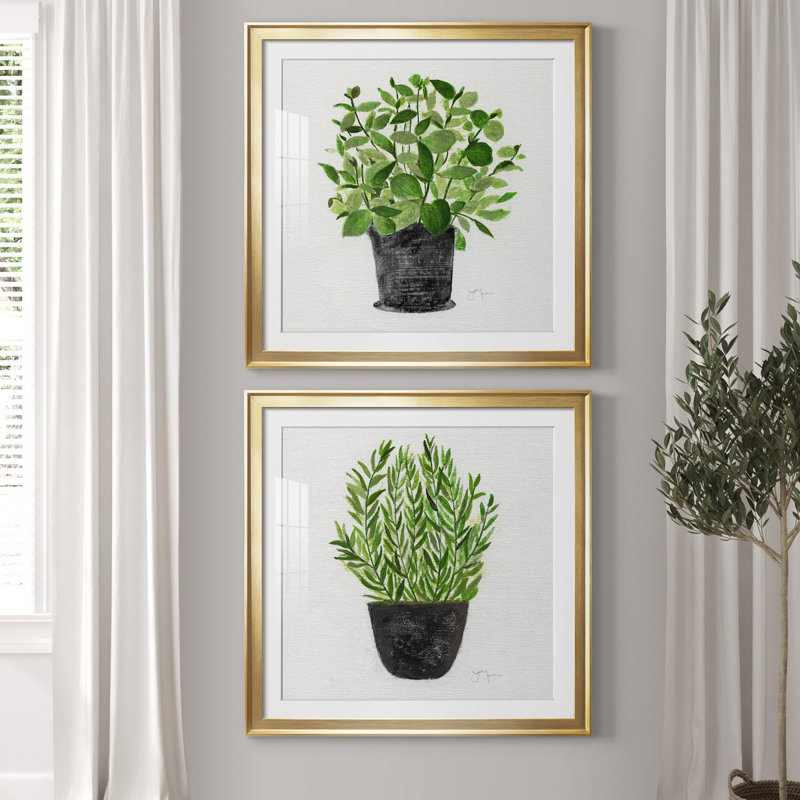 «Herb Garden I», ensemble de 2 reproductions d'art, H 30,5 po x l 61 po x P 1,5 po, Papier encadré doré, Blanc