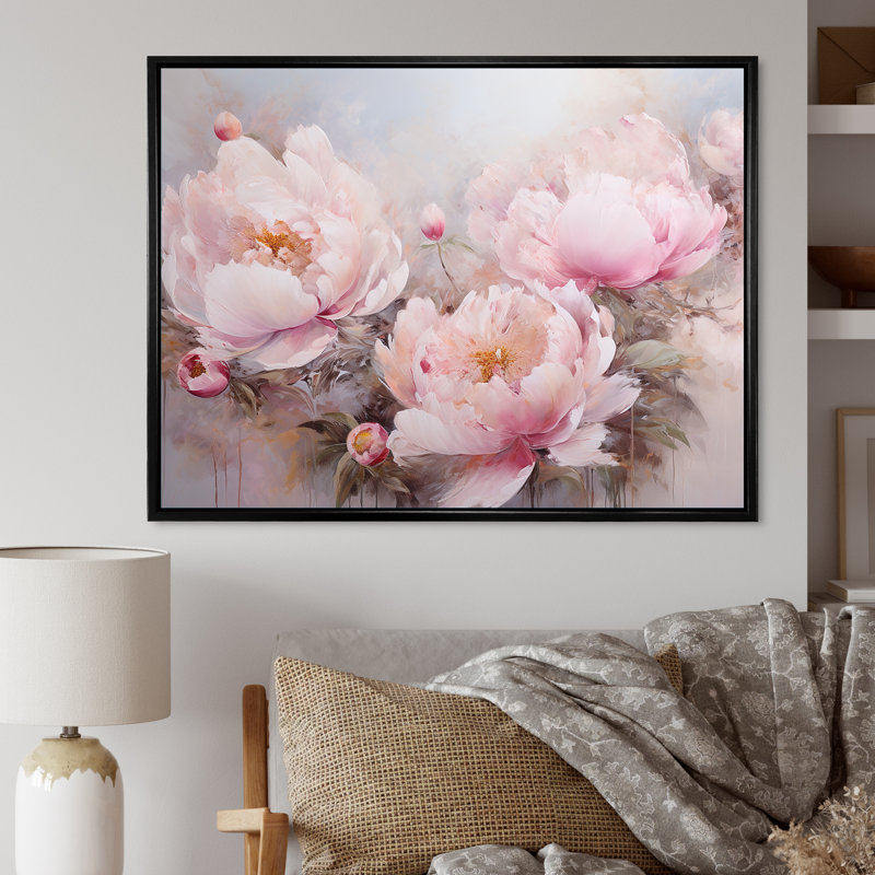 Pivoines roses, art liquide, champ de fleurs VI - Art mural champ de fleurs, Cadre flottant noir, H 12 po x l 20 po x P 1 po