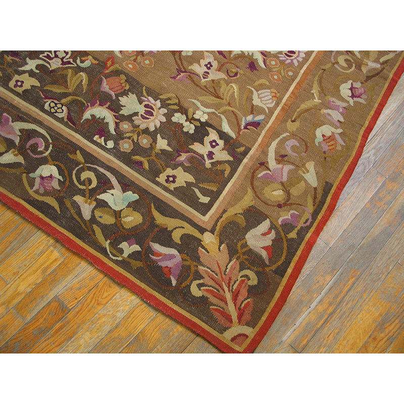 Brown Earth Tone Color Small Size Antique Square Shape Flat Woven Floral French Aubusson Rug