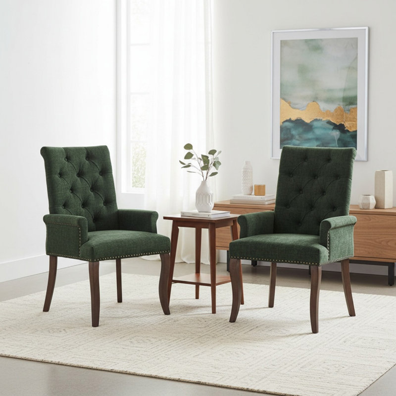 Ensemble de 2 chaises de salle à manger rembourrées capitonnées, Vert olive